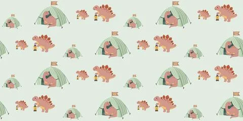 Cute dinosaur camping pattern with tent and trees in soft pastel colors Stock Illustration