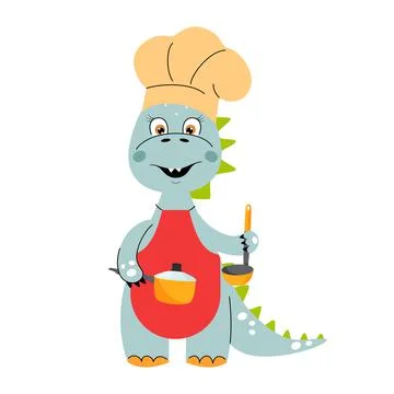 Cute dinosaur in chef hat and apron cooking meal. Vector illustration. Stock Illustration
