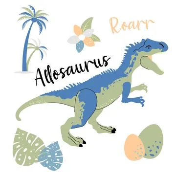 Cute dinosaur drawn as vector on white for kids fashion. Palm and volcano. .. Stock Illustration