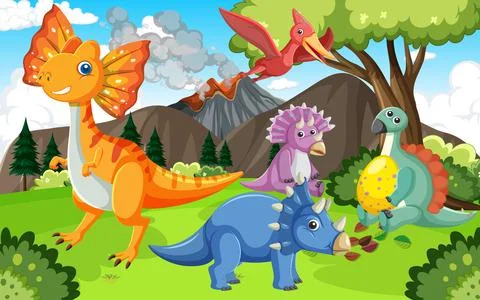 Cute dinosaur group in forest Stock Illustration