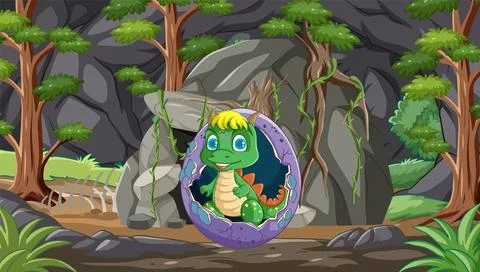 Cute Dinosaur Hatching in Forest Stock Illustration