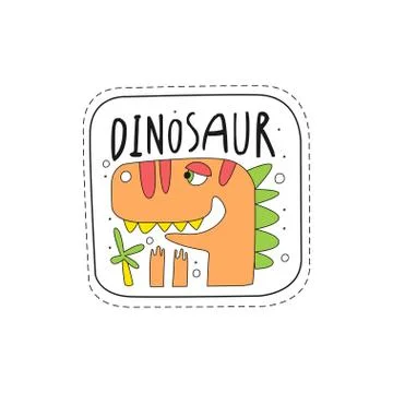 Cute dinosaur patch badge, childish cartoon animal sticker hand drawn vector Stock Illustration