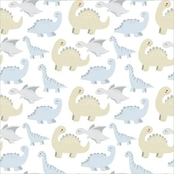 Cute dinosaur pattern: cartoon dinosaurs in pastel colors on black background Illustrazione stock
