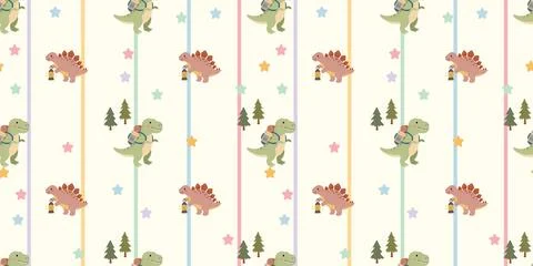 Cute dinosaur pattern with green stegosaurus and red triceratops stars and trees Stock Illustration