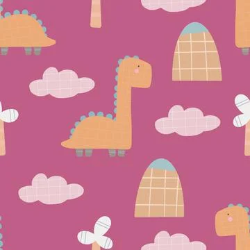 Cute dinosaur pattern - hand drawn childish dinosaur seamless pattern design Stock Illustration
