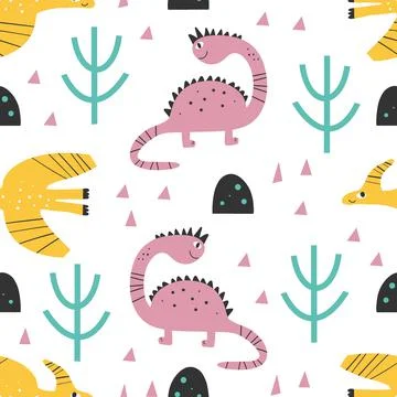 Cute dinosaur pattern - hand drawn childish dinosaur seamless print design Di Stock Illustration