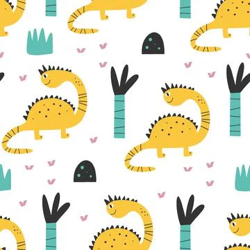 Cute dinosaur pattern - hand drawn childish dinosaur seamless print design Di Stock Illustration