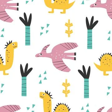 Cute dinosaur pattern - hand drawn childish dinosaur seamless print design Di Stock Illustration