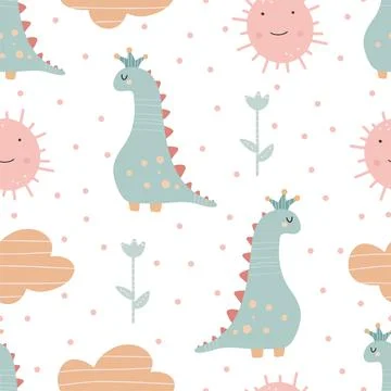Cute dinosaur pattern - hand drawn childish dinosaur seamless pattern design Stockillustratie