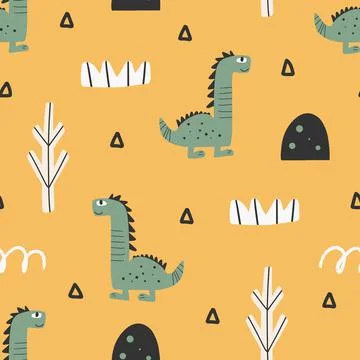 Cute dinosaur pattern - hand drawn childish dinosaur seamless pattern design Stockillustratie