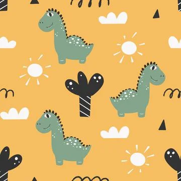 Cute dinosaur pattern - hand drawn childish dinosaur seamless pattern design Stock Illustration