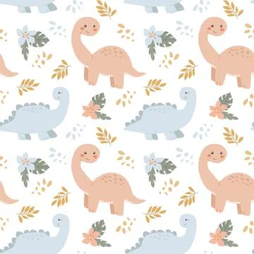 Cute dinosaur pattern with leaves and flowers on black background Stock Illustration