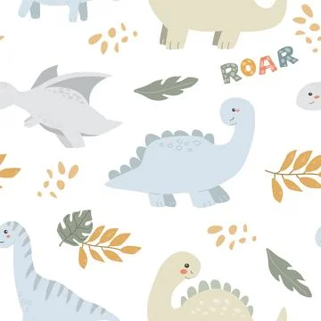 Cute dinosaur pattern with leaves and fun text on black background イラスト素材