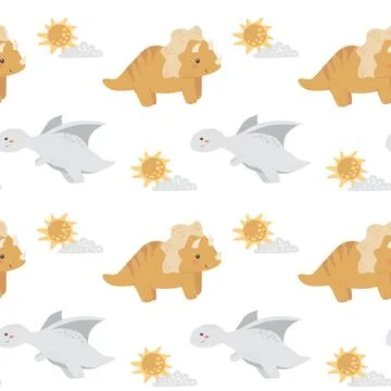Cute dinosaur pattern with triceratops and pterodactyls on black background イラスト素材