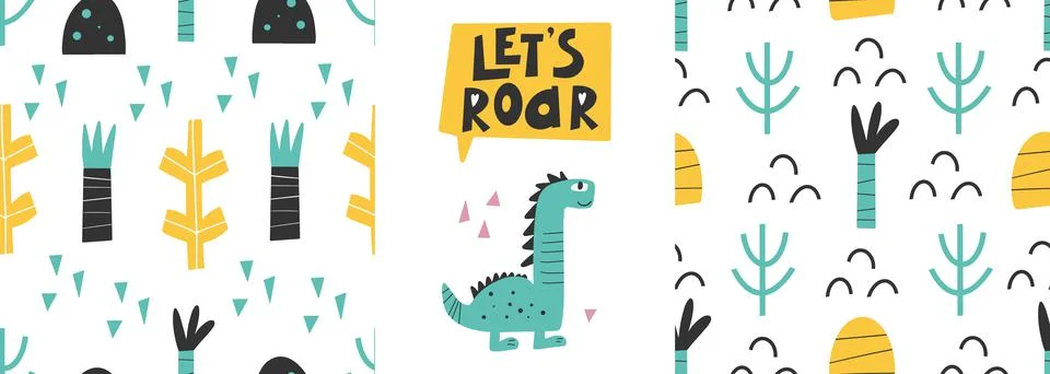 Cute dinosaur with patterns - hand drawn childish abstract seamless print des Stock Illustration