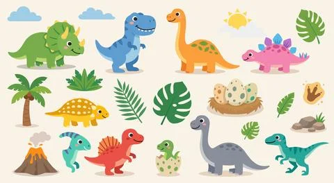 Cute Dinosaur Prehistoric Collection Vector Set Stock Illustration