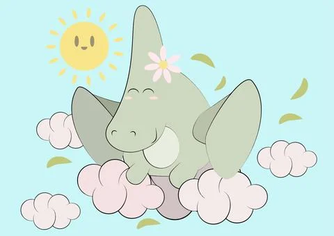 Cute dinosaur pteradactel sits on clouds and basks in the sun Illustrazione stock