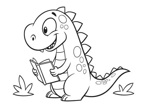Cute dinosaur reading book sitting on grass surrounded by leaves. Stock Illustration