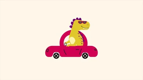 Cute dinosaur riding a car looping animation on white background Stock Footage 340084324