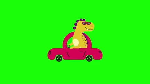 Cute dinosaur riding a car looping animation on green background Stock Footage 340084332