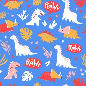 Cute Dinosaur Seamless Pattern with Blue Background, Vector Illustration for Illustrazione stock