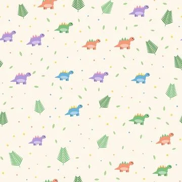 Cute dinosaur seamless pattern with colorful stegosaurus, palm leaves, stars and Stock Illustration