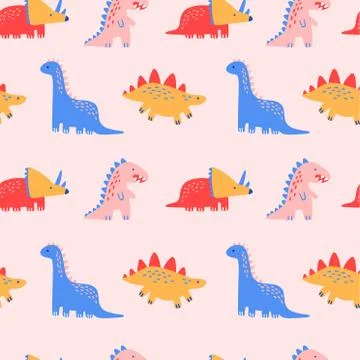 Cute Dinosaur Seamless Pattern with Pink Background, Vector Illustration for Illustrazione stock