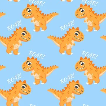 Cute Dinosaur Seamless Pattern with Roar Text Stock Illustration