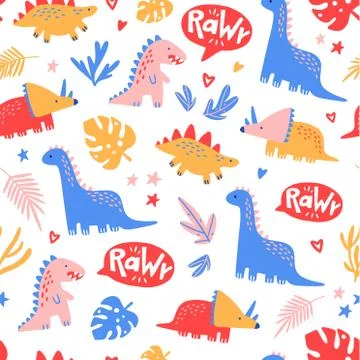 Cute Dinosaur Seamless Pattern with White Background, Vector Illustration for Illustrazione stock