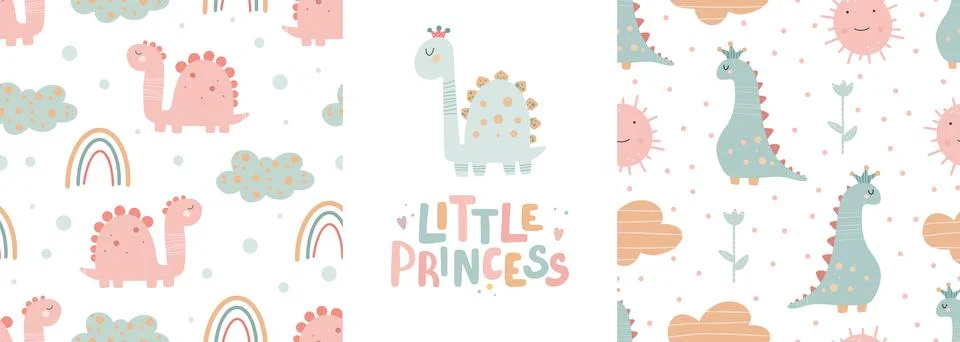Cute dinosaur seamless patterns set and lettering - little princess. Digital Stock Illustration