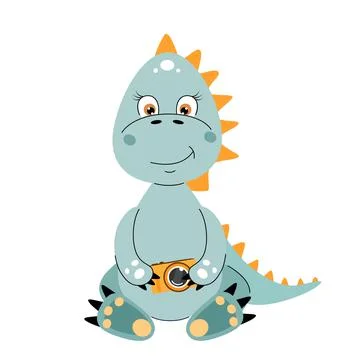 Cute dinosaur sitting with camera in hands. Vector illustration. Stock Illustration