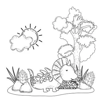Cute dinosaur with tree in the landscape イラスト素材