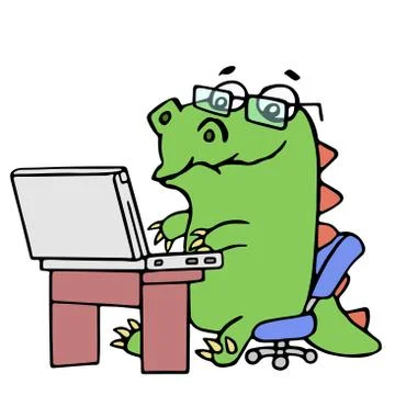 Cute dinosaur working at the notebook.Vector illustration. Stock Illustration