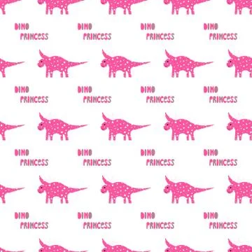 Cute dinosaurs with crowns seamless pattern on the dark background. Vector di Stock Illustration