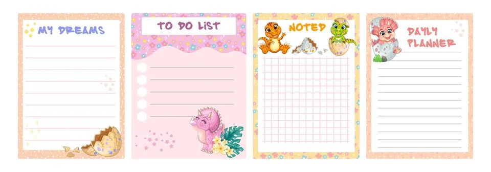 Cute dinosaurs note pad set vector illustration Stock Illustration