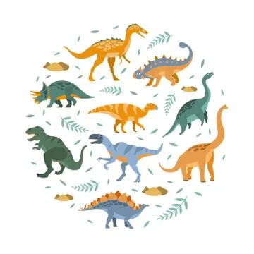 Cute Dinosaurs Pattern of Round Shape, Prehistoric Animals Design Element Vector Stock Illustration