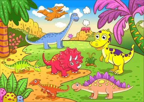 Cute dinosaurs in prehistoric scene Stock Illustration