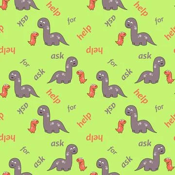 Cute dinosaurs seamless pattern background. Baby is asking for help. Trendy.. Stock Illustration
