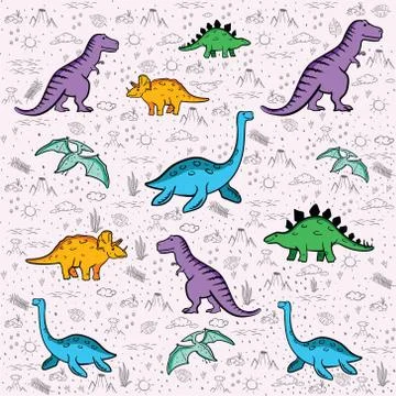 Cute dinosaurs seamless pattern. Funny cartoon dino. Hand drawn vector doodle Stock Illustration