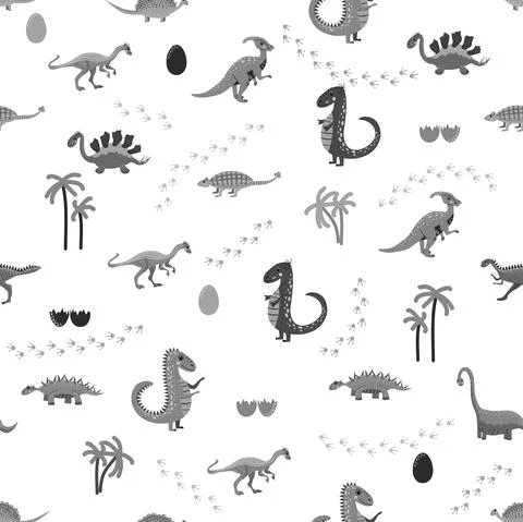 Cute dinosaurs seamless pattern. Solid pattern, shades of blue, green, pink,  Stock Illustration
