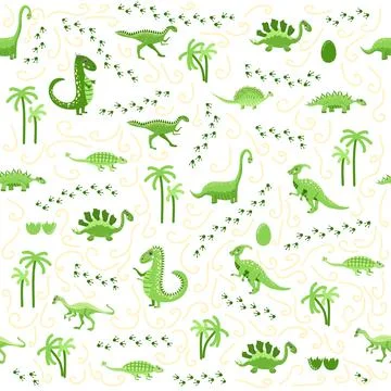 Cute dinosaurs seamless pattern. Solid pattern, shades of green. Funny cartoo Stock Illustration