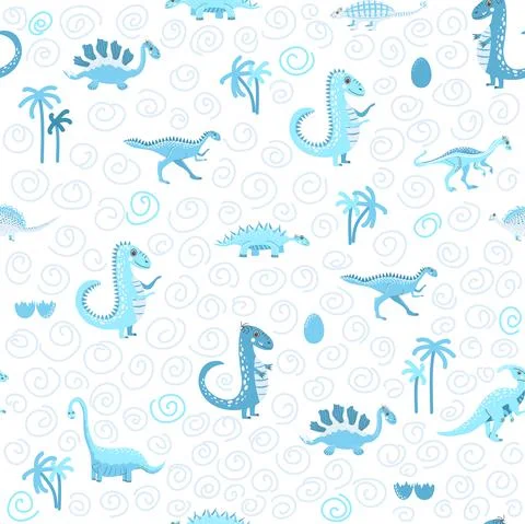 Cute dinosaurs seamless pattern. Solid pattern, shades of blue. Funny cartoon Illustrazione stock