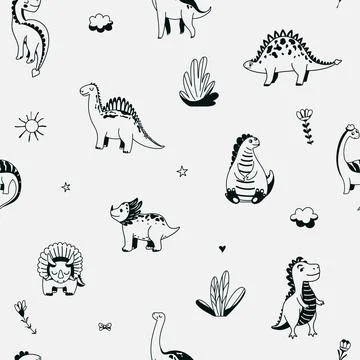 Cute dinosaurs seamless vector pattern with outline graphic dino, leaves, cloud 스톡 일러스트