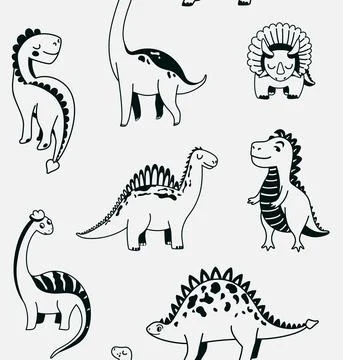 Cute dinosaurs seamless vector pattern with black outline graphic dino on light 스톡 일러스트
