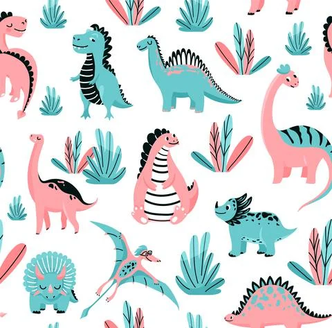 Cute dinosaurs seamless vector pattern with baby dino and floral elements. Cool Stock Illustration