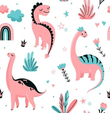 Cute dinosaurs seamless vector pattern with dots, crown, flower, rainbow, cloud Stock Illustration