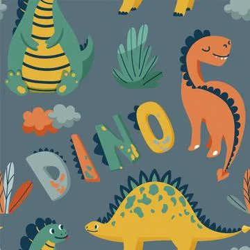 Cute dinosaurs seamless vector pattern with bright color dino, leaves, cloud 스톡 일러스트