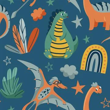 Cute dinosaurs seamless vector pattern with bright color dino, leaves, cloud Stockillustratie
