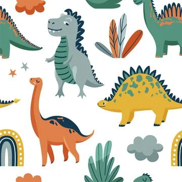 Cute dinosaurs seamless vector pattern with bright color dino, leaves, cloud 스톡 일러스트