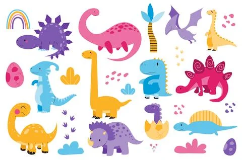 Cute dinosaurs set graphic elements in flat design. Bundle of childish colorf Illustrazione stock